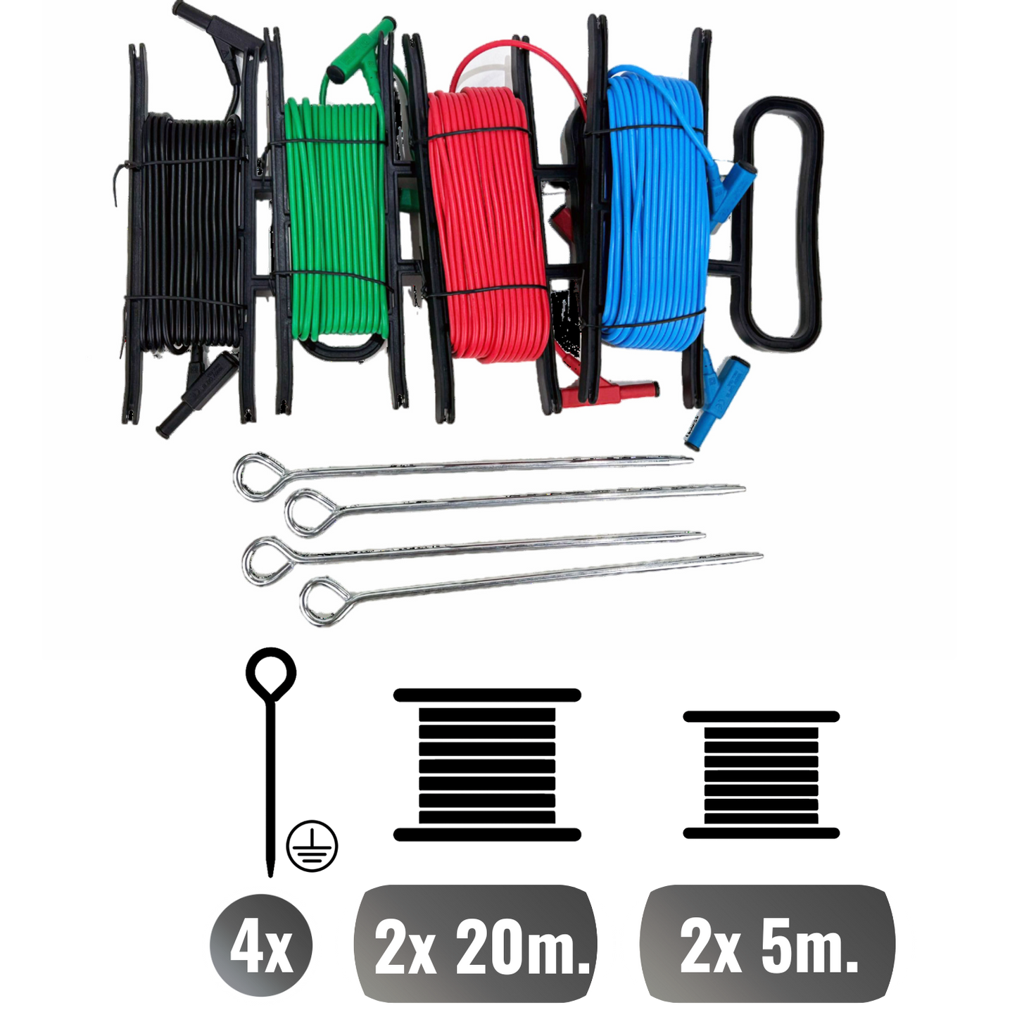 Erdungswiderstandsmessset mit 4 Spikes und 4 Kabeln (20 m/20 m/5 m/5 m)