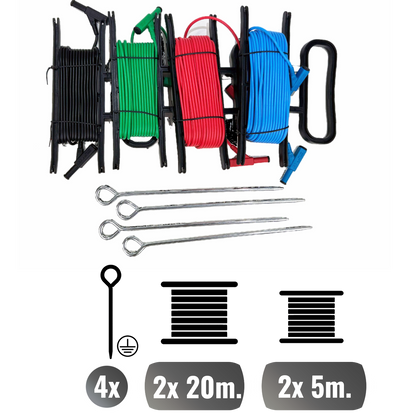 Erdungswiderstandsmessset mit 4 Spikes und 4 Kabeln (20 m/20 m/5 m/5 m)