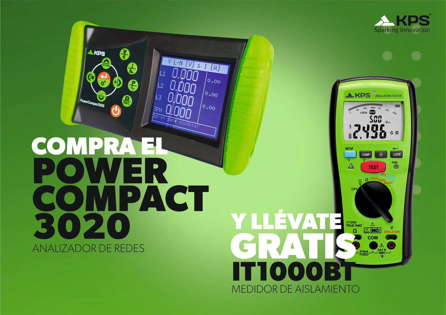 Kit Analizador de Redes Portátil (POWERCOMPACT3020) con Medidor de Aislamiento y Resistencia Bluetooth (IT1000BT)